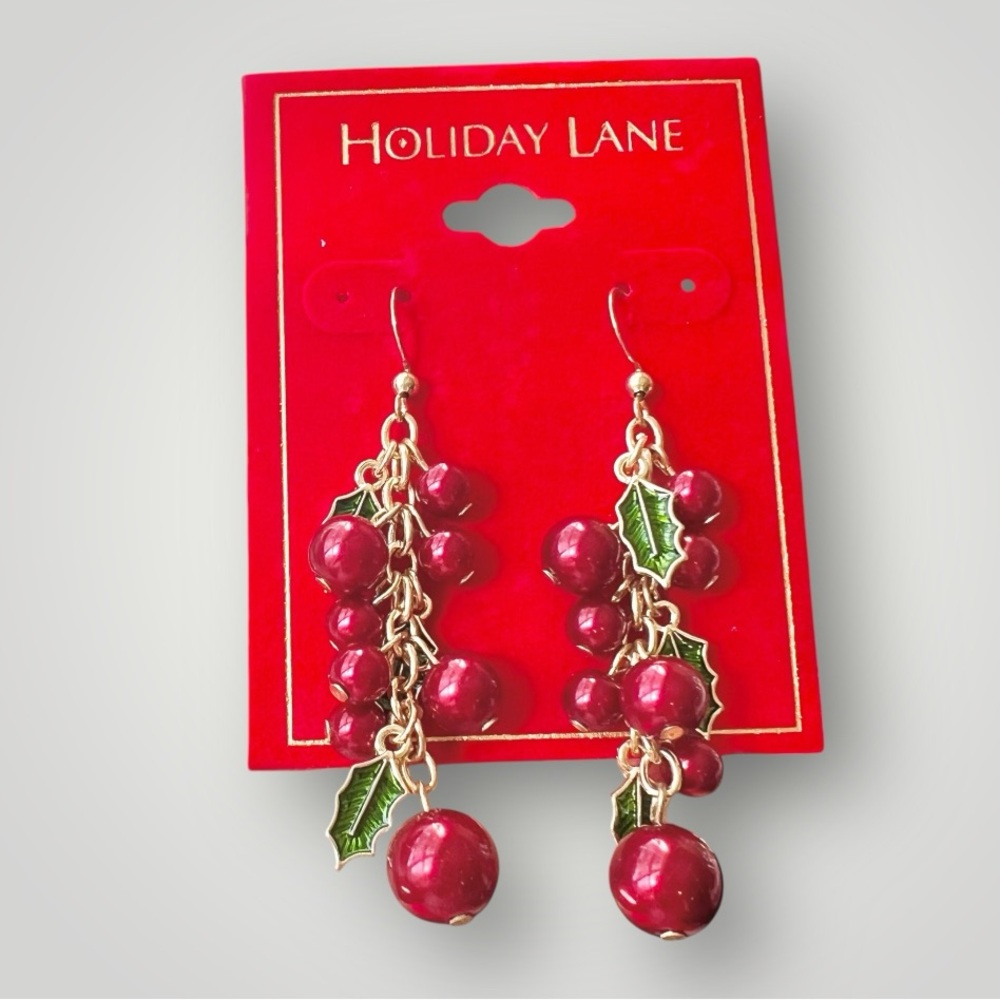 Drop Earrings Gold Tone Red Bead Green Enamel Mistletoe Holiday Lane Gift New - Picture 6 of 9